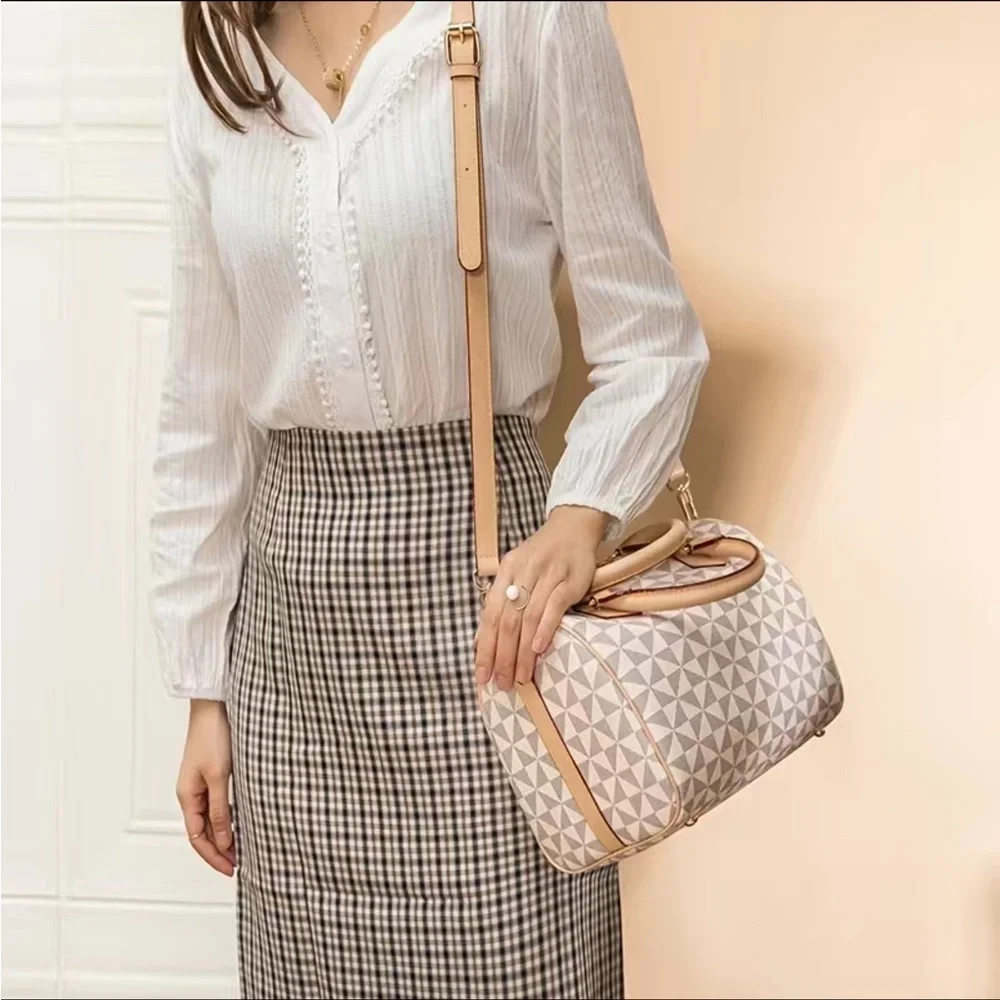 New Tan Beautiful Geometric Boston Bag Crossbody Satchel Handbag Purse Doubl…